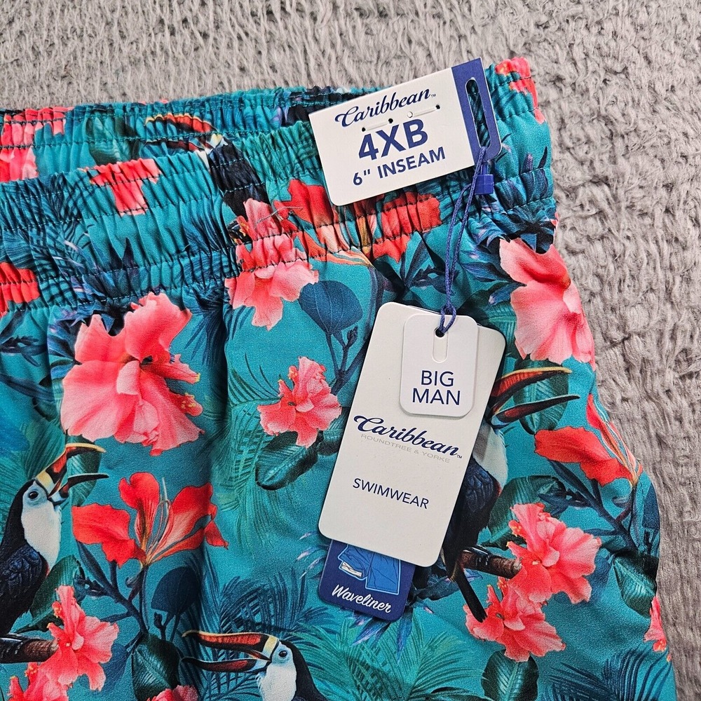 NWT Caribbean Swim Shorts Trunks Men's 4XB Lined Zip Pocket Toucan Tropical Tree
